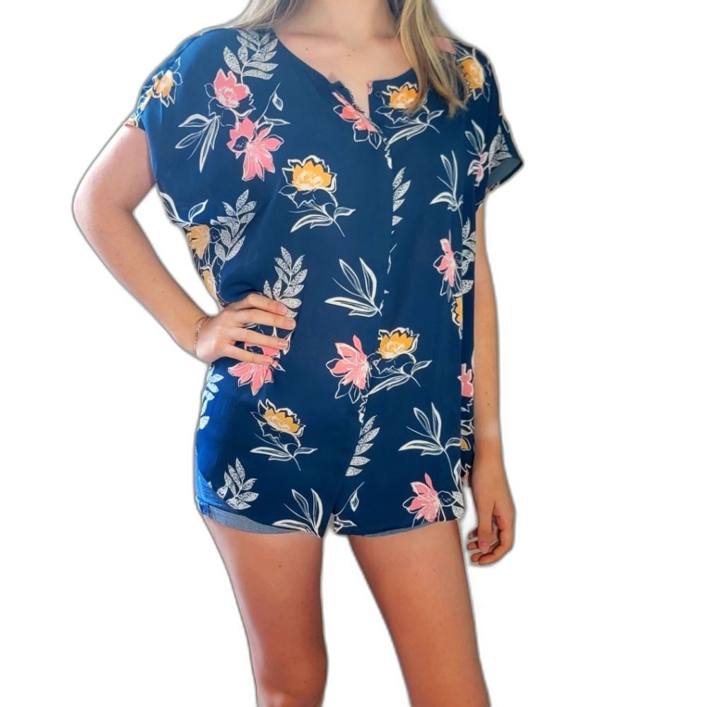 Apt. 9 Womens Size XL Extra Large Blue Floral Button Down Top Hidden Buttons